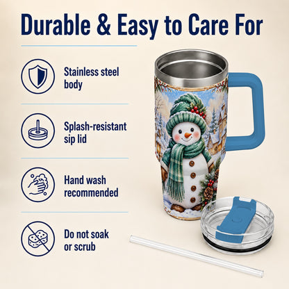 #pl[40oz|Blue] Christmas Snowman 40oz Tumbler with Handle, Winter Stainless Steel Cup