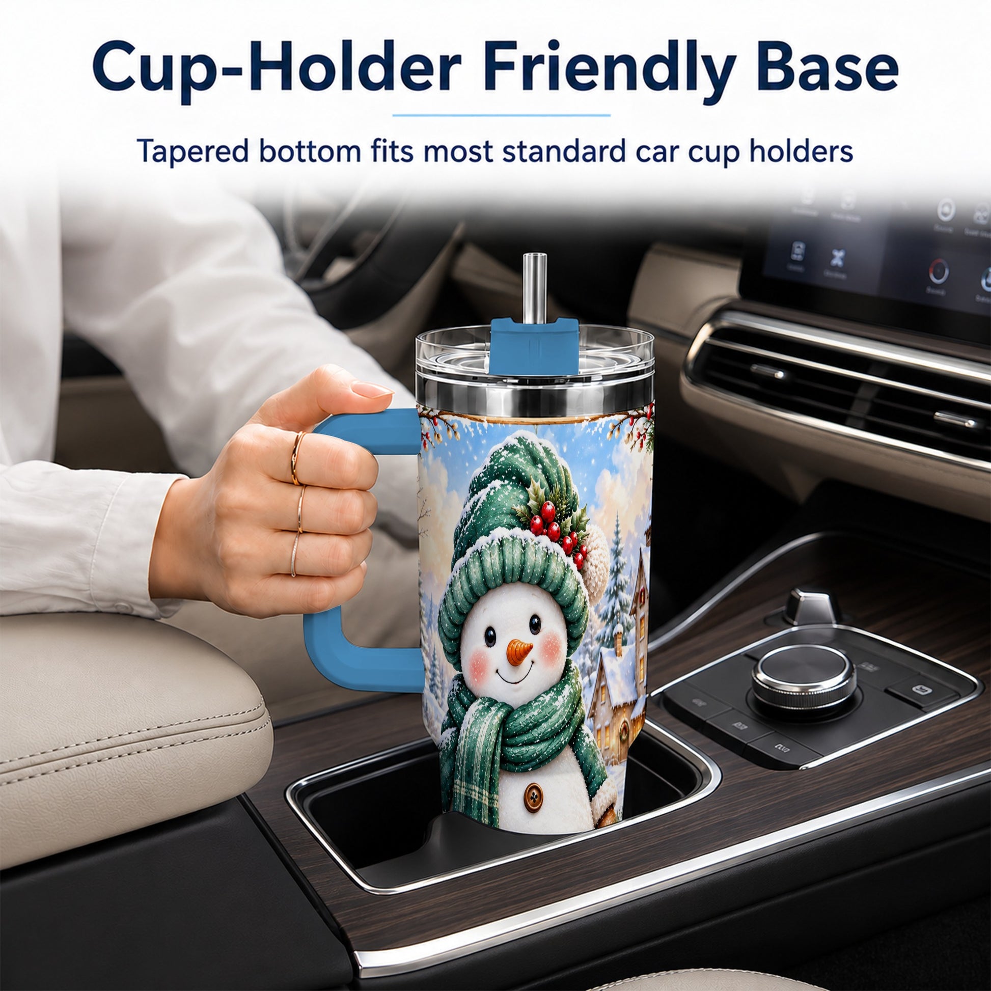 #pl[40oz|Blue] Christmas Snowman 40oz Tumbler with Handle, Winter Stainless Steel Cup