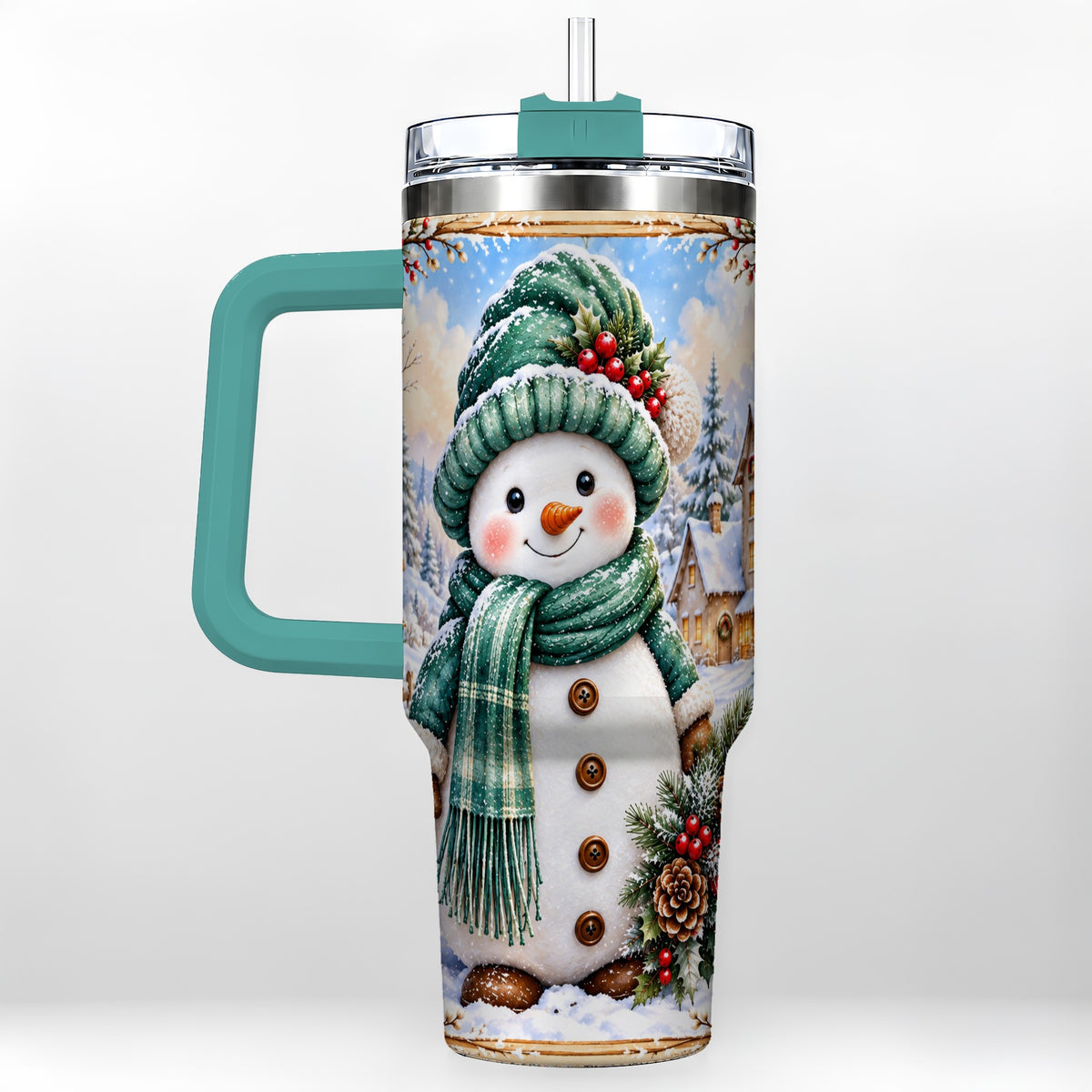 #pl[40oz|Green] Christmas Snowman 40oz Tumbler with Handle, Winter Stainless Steel Cup