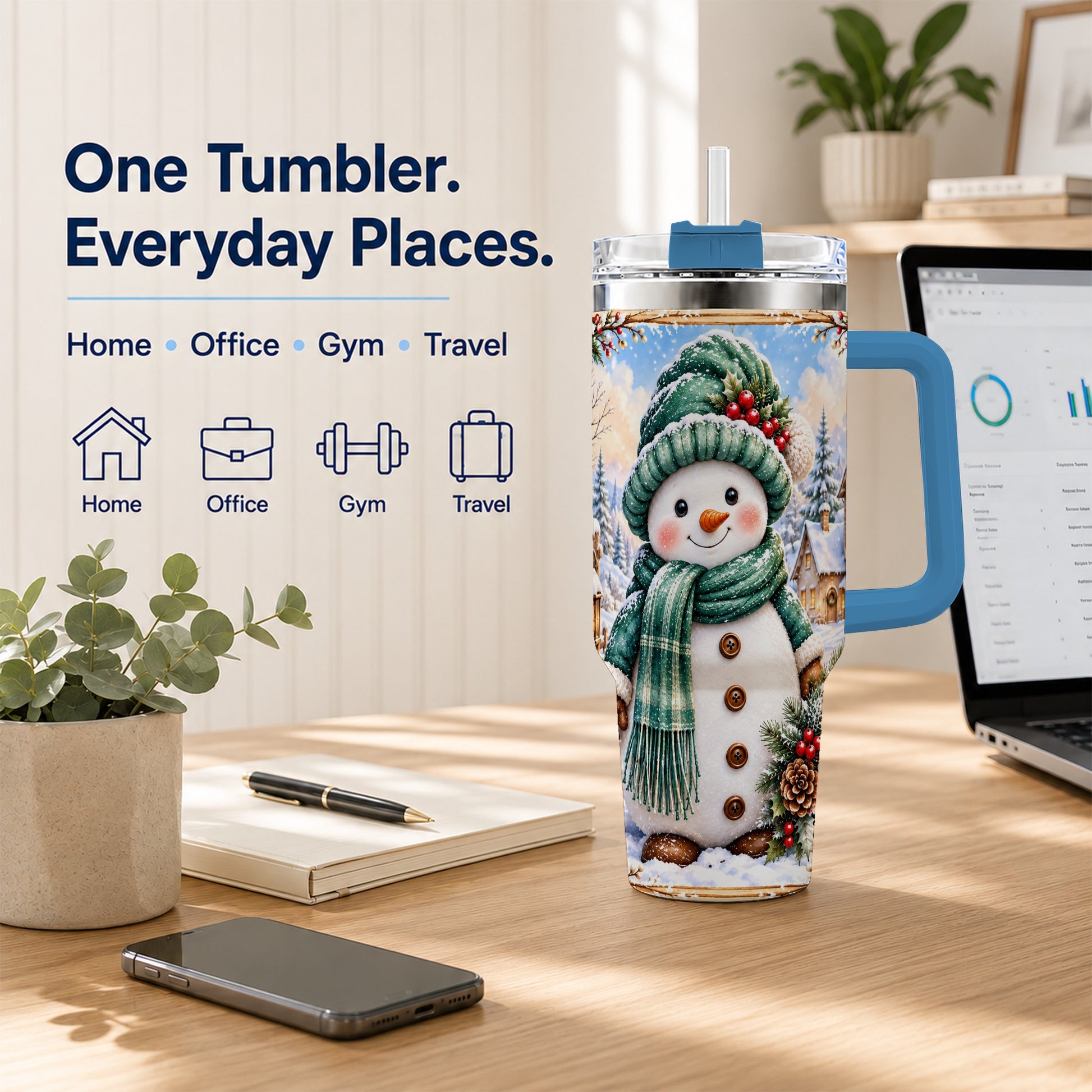 #pl[40oz|Blue] Christmas Snowman 40oz Tumbler with Handle, Winter Stainless Steel Cup