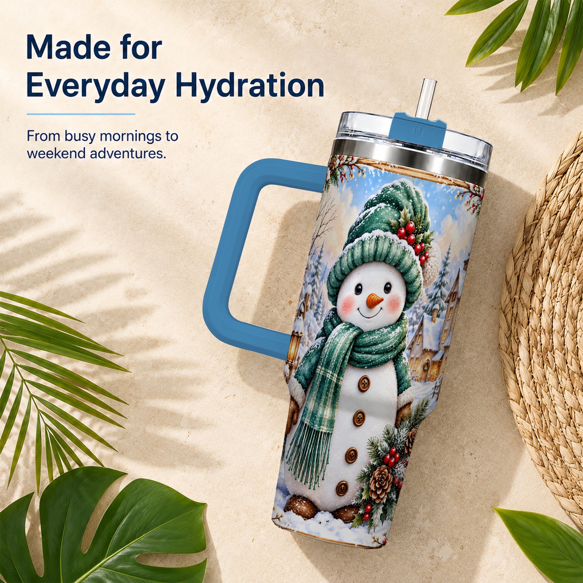 #pl[40oz|Blue] Christmas Snowman 40oz Tumbler with Handle, Winter Stainless Steel Cup