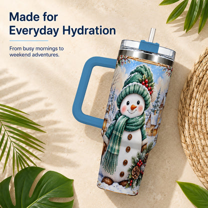 #pl[40oz|Blue] Christmas Snowman 40oz Tumbler with Handle, Winter Stainless Steel Cup