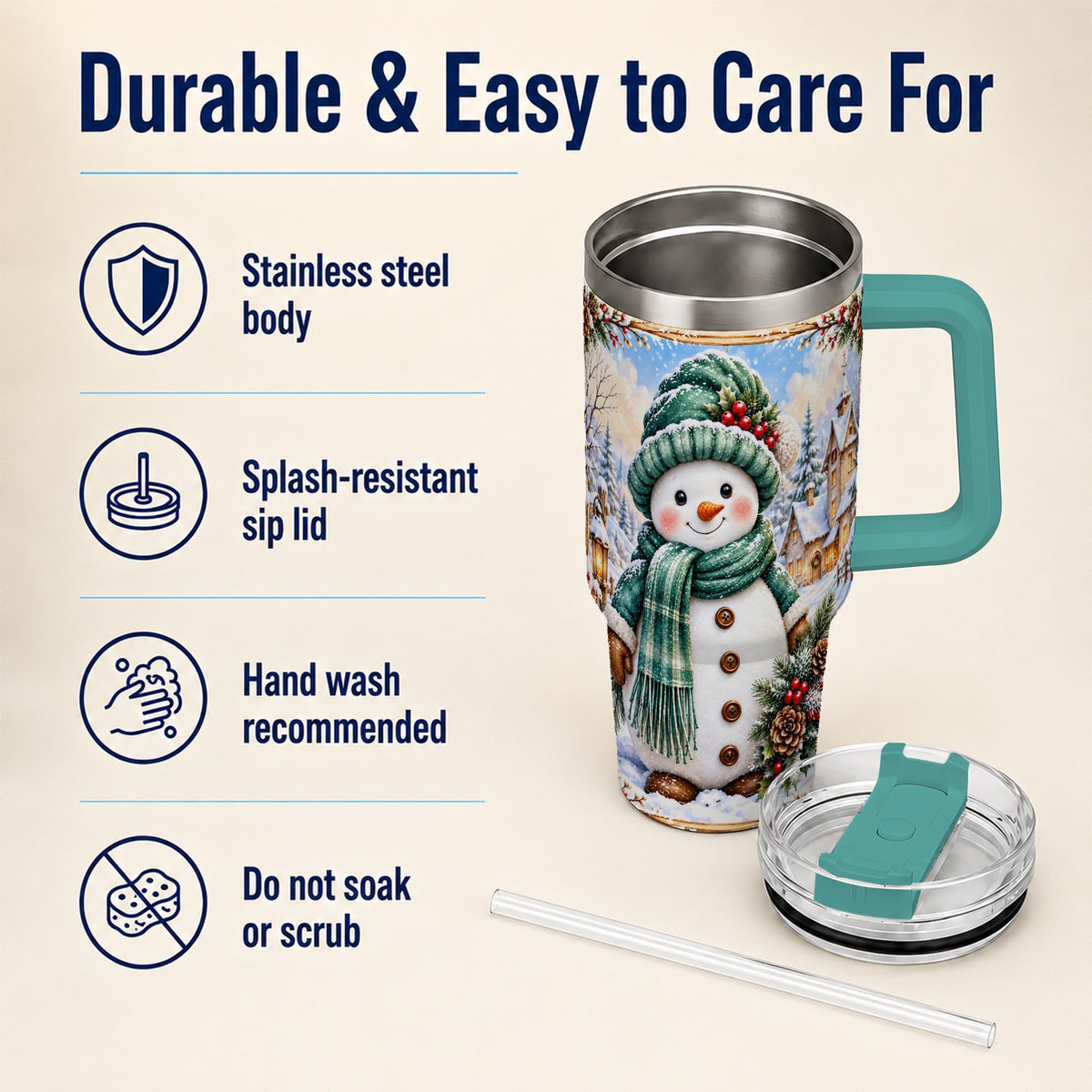 #pl[40oz|Green] Christmas Snowman 40oz Tumbler with Handle, Winter Stainless Steel Cup