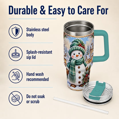 #pl[40oz|Green] Christmas Snowman 40oz Tumbler with Handle, Winter Stainless Steel Cup