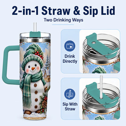 #pl[40oz|Green] Christmas Snowman 40oz Tumbler with Handle, Winter Stainless Steel Cup