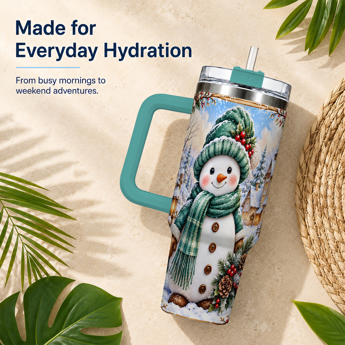 #pl[40oz|Green] Christmas Snowman 40oz Tumbler with Handle, Winter Stainless Steel Cup