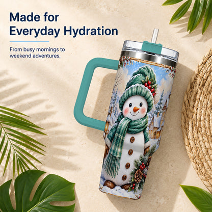 #pl[40oz|Green] Christmas Snowman 40oz Tumbler with Handle, Winter Stainless Steel Cup