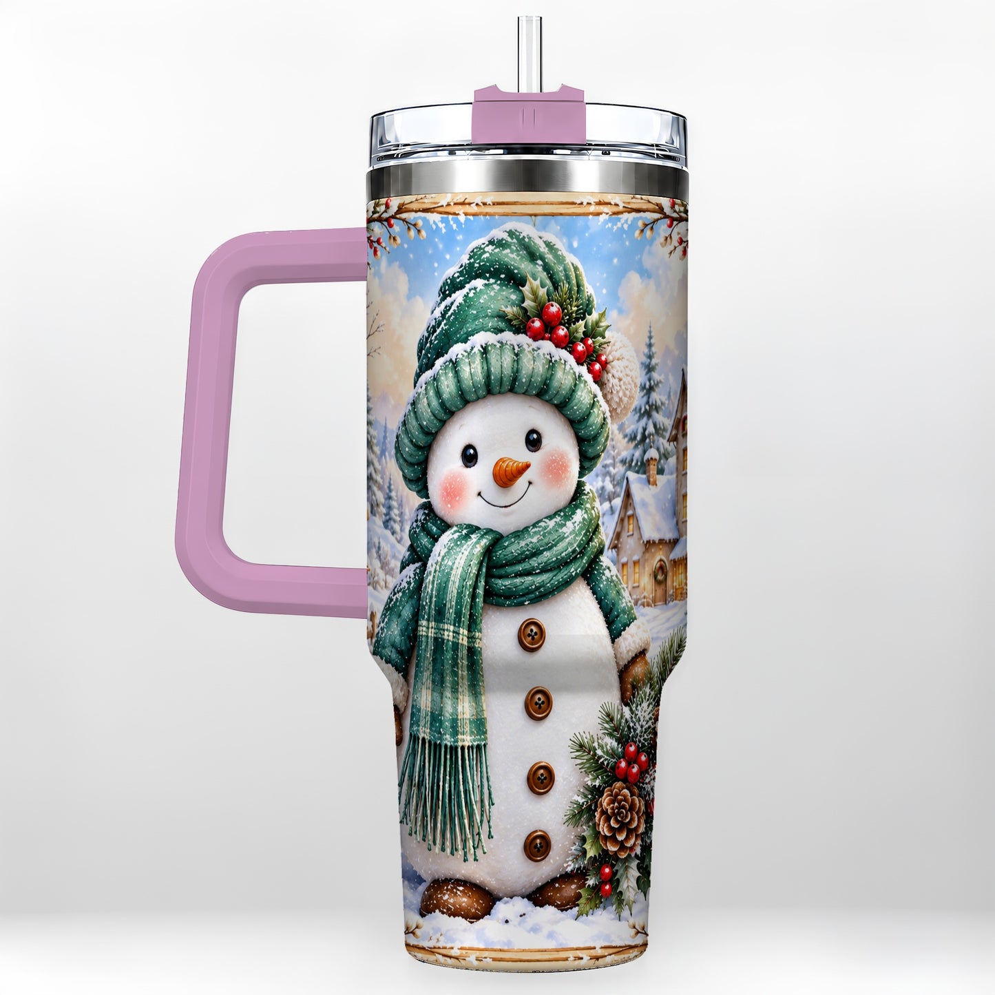#pl[40oz|Pink] Christmas Snowman 40oz Tumbler with Handle, Winter Stainless Steel Cup