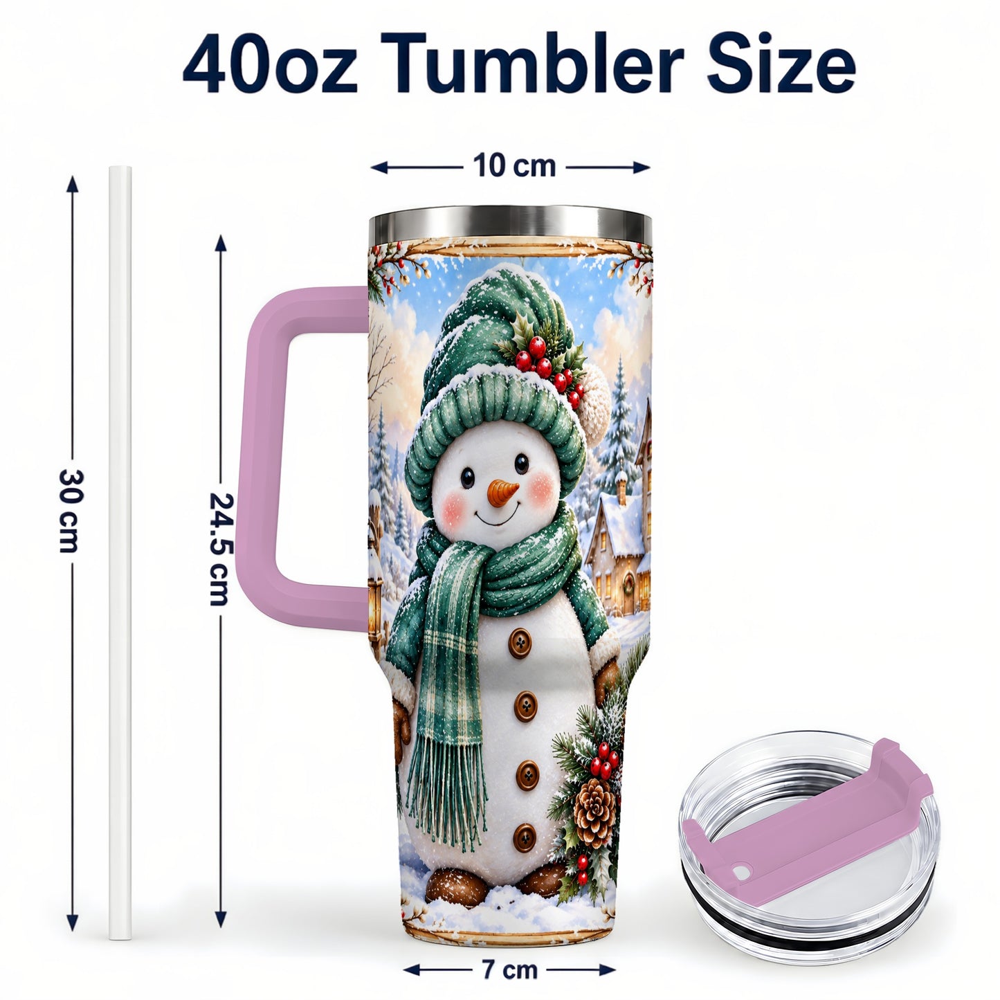 #pl[40oz|Pink] Christmas Snowman 40oz Tumbler with Handle, Winter Stainless Steel Cup