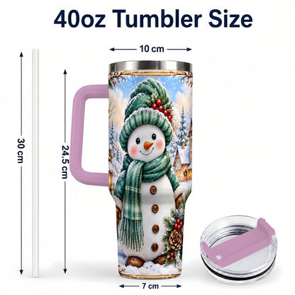 #pl[40oz|Pink] Christmas Snowman 40oz Tumbler with Handle, Winter Stainless Steel Cup