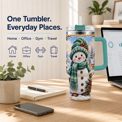 #pl[40oz|Green] Christmas Snowman 40oz Tumbler with Handle, Winter Stainless Steel Cup