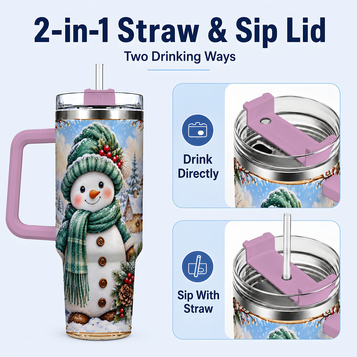 #pl[40oz|Pink] Christmas Snowman 40oz Tumbler with Handle, Winter Stainless Steel Cup