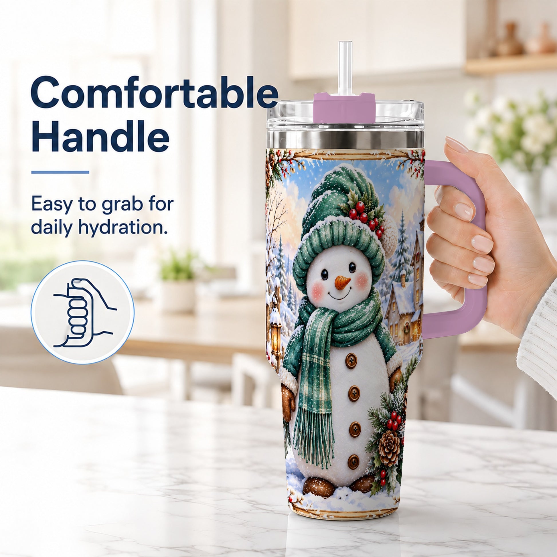 #pl[40oz|Pink] Christmas Snowman 40oz Tumbler with Handle, Winter Stainless Steel Cup