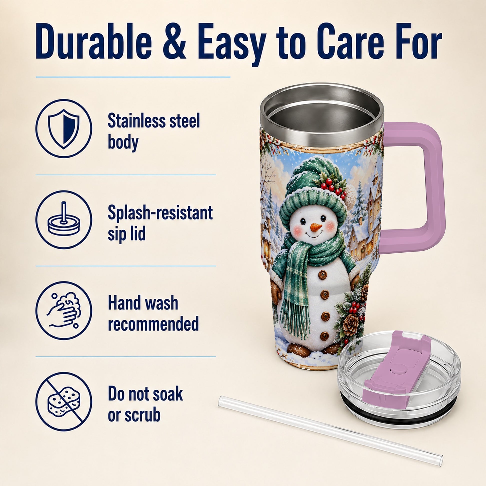 #pl[40oz|Pink] Christmas Snowman 40oz Tumbler with Handle, Winter Stainless Steel Cup