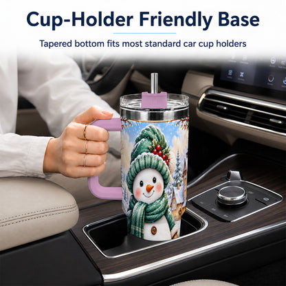 #pl[40oz|Pink] Christmas Snowman 40oz Tumbler with Handle, Winter Stainless Steel Cup
