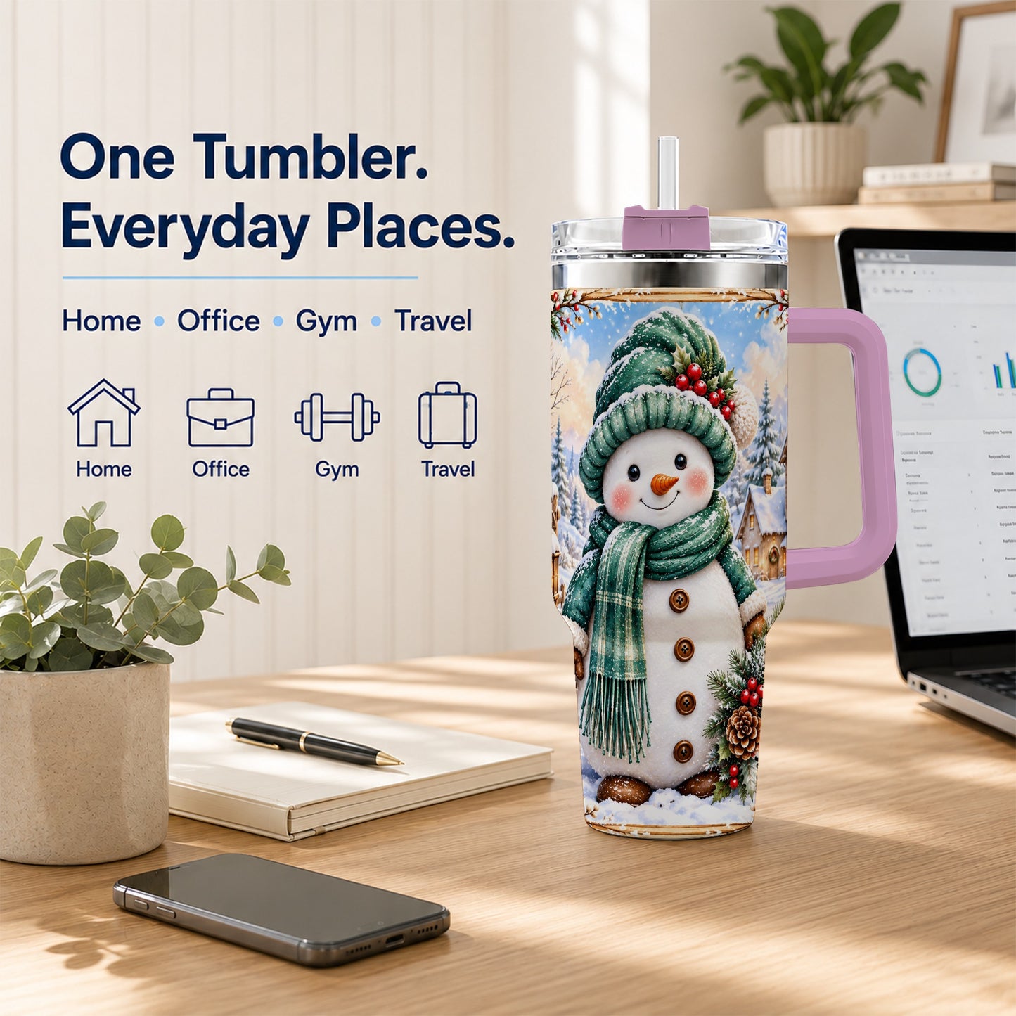 #pl[40oz|Pink] Christmas Snowman 40oz Tumbler with Handle, Winter Stainless Steel Cup