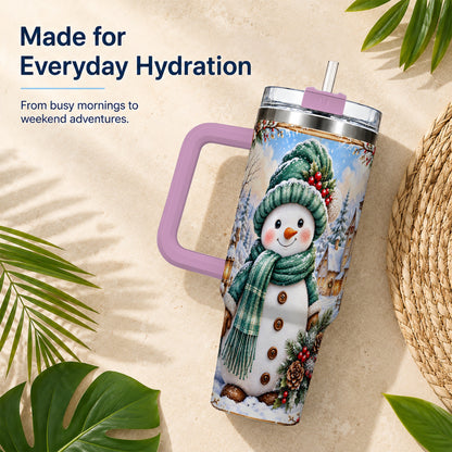 #pl[40oz|Pink] Christmas Snowman 40oz Tumbler with Handle, Winter Stainless Steel Cup