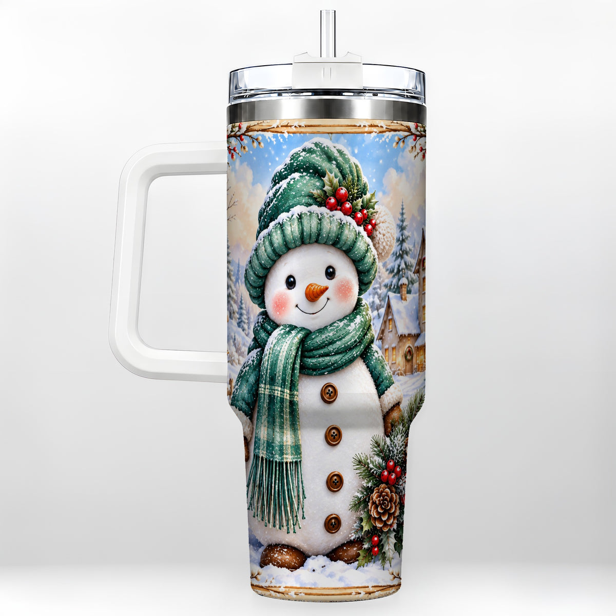 Christmas Snowman 40oz Tumbler with Handle, Winter Stainless Steel Cup