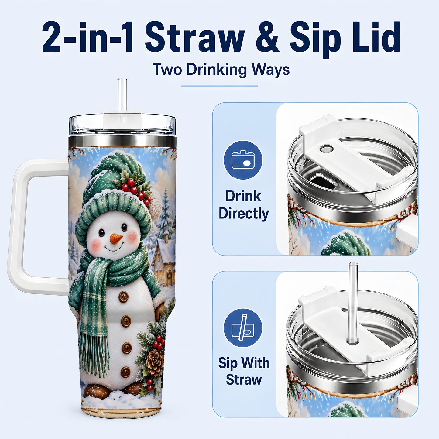 #pl[40oz|White] Christmas Snowman 40oz Tumbler with Handle, Winter Stainless Steel Cup