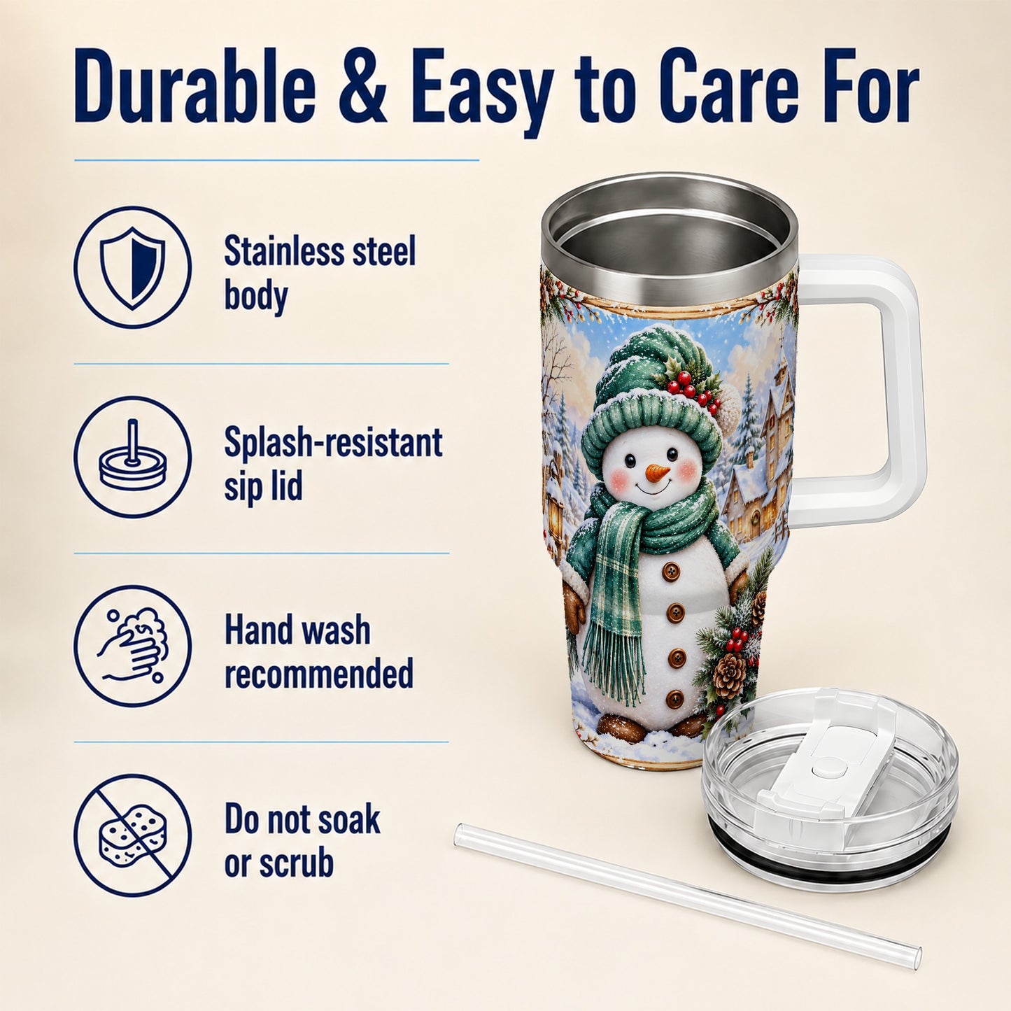 #pl[40oz|White] Christmas Snowman 40oz Tumbler with Handle, Winter Stainless Steel Cup
