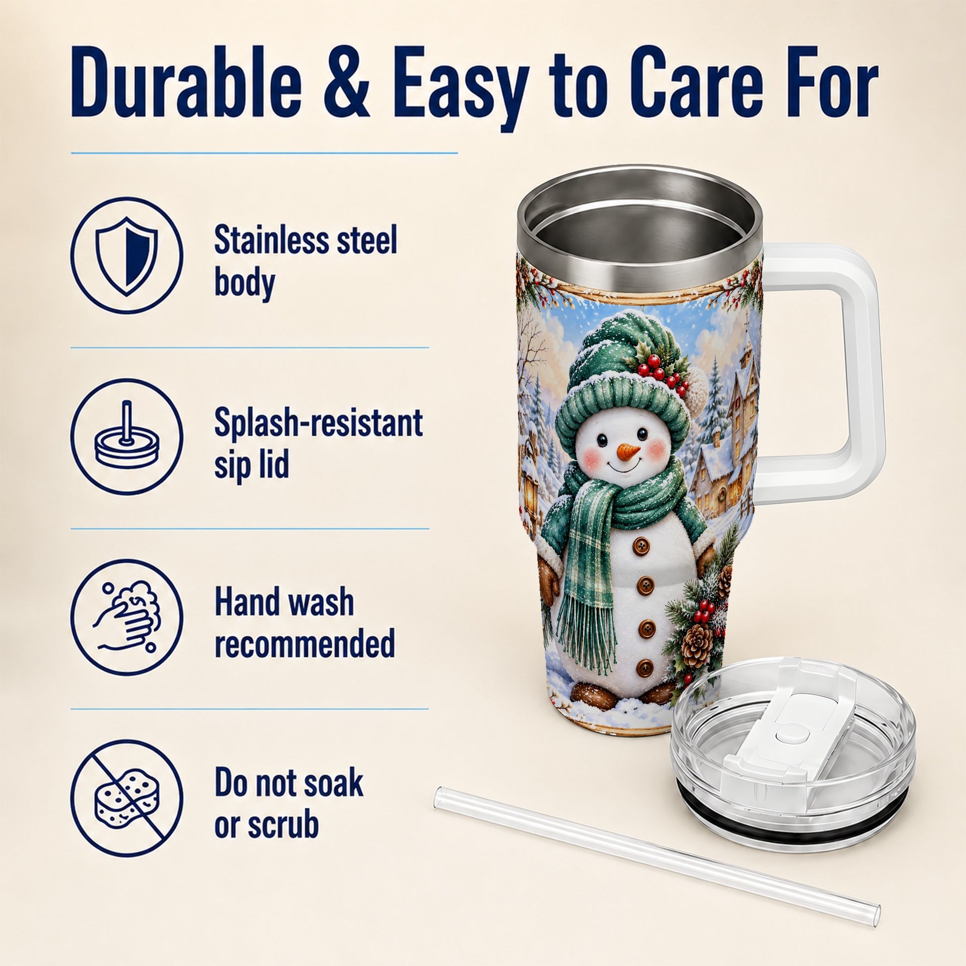 #pl[40oz|White] Christmas Snowman 40oz Tumbler with Handle, Winter Stainless Steel Cup
