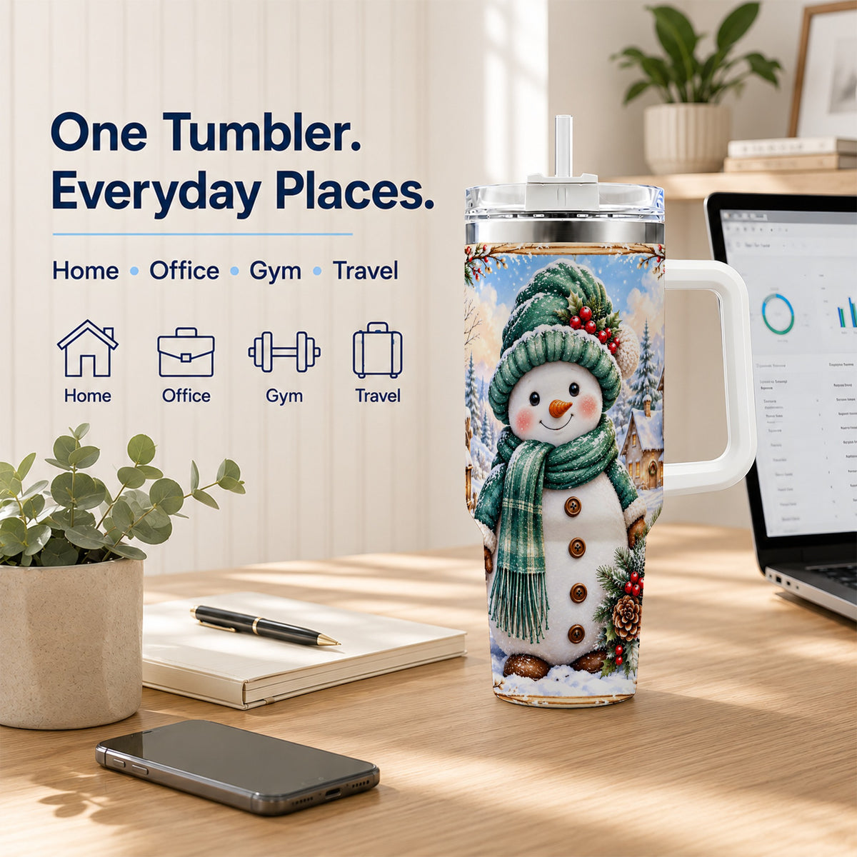#pl[40oz|White] Christmas Snowman 40oz Tumbler with Handle, Winter Stainless Steel Cup