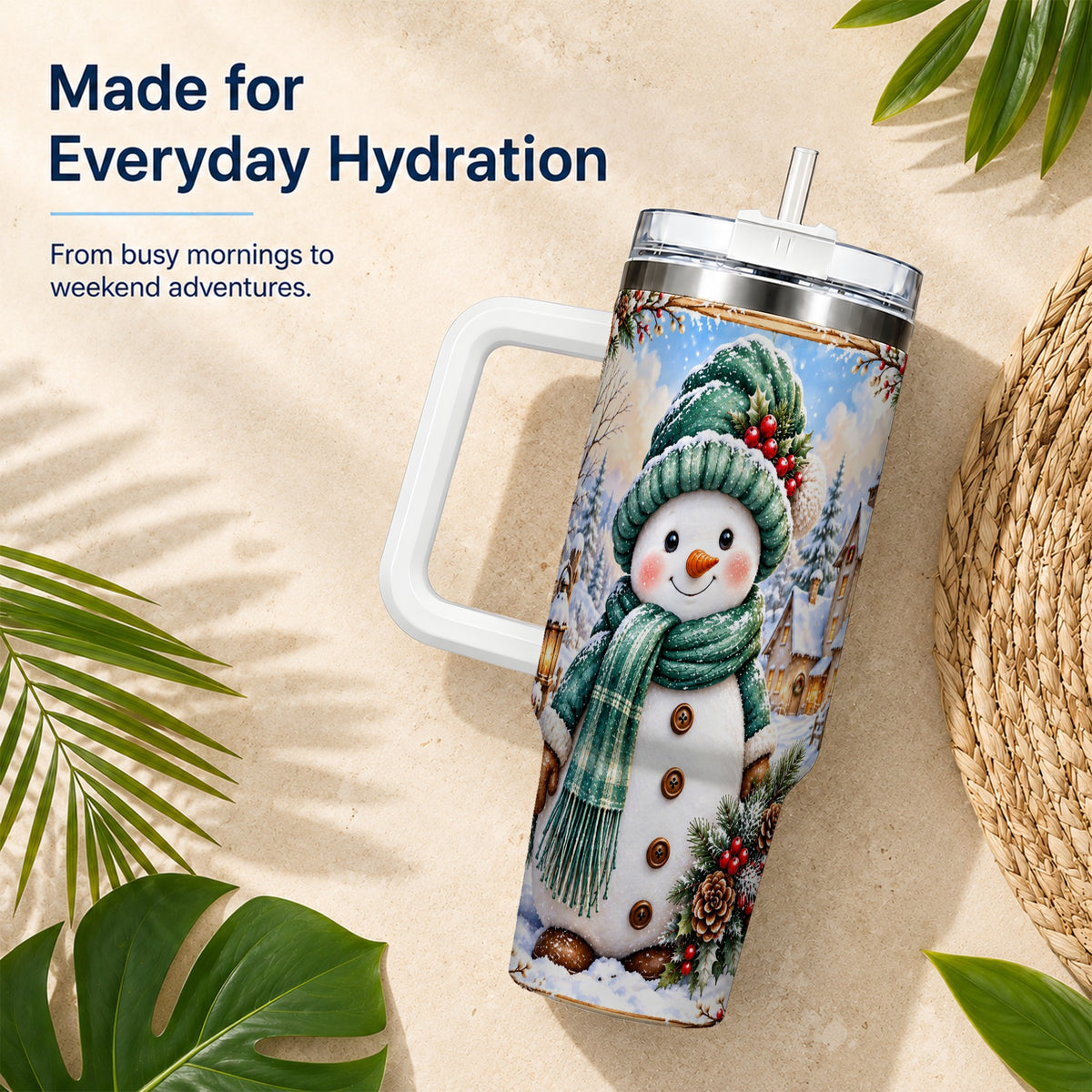 #pl[40oz|White] Christmas Snowman 40oz Tumbler with Handle, Winter Stainless Steel Cup