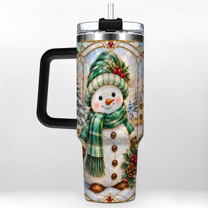 #pl[40oz|Black] Snowman 40oz Tumbler with Handle, Stained Glass Style Stainless Steel Cup