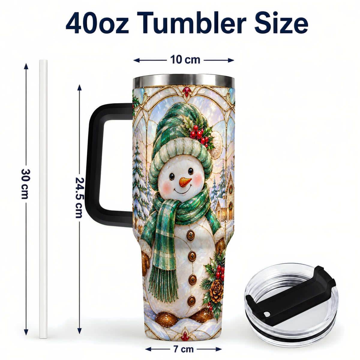 #pl[40oz|Black] Snowman 40oz Tumbler with Handle, Stained Glass Style Stainless Steel Cup