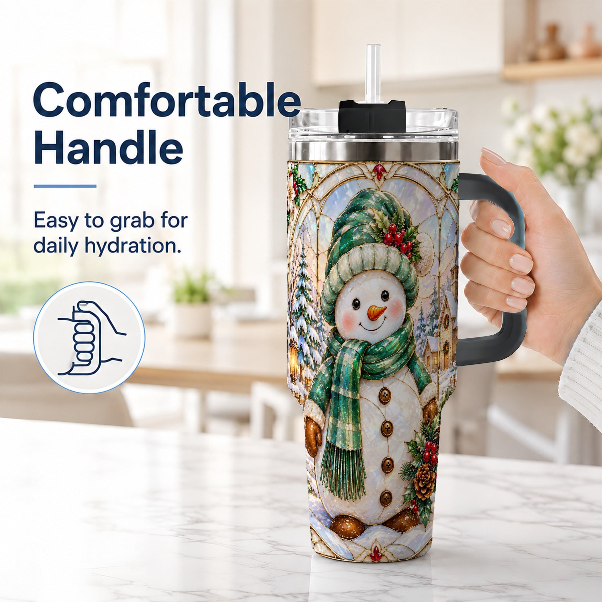 #pl[40oz|Black] Snowman 40oz Tumbler with Handle, Stained Glass Style Stainless Steel Cup
