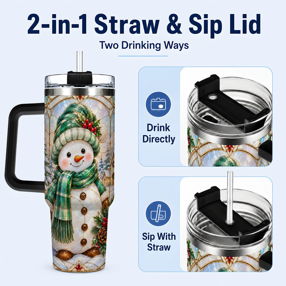 #pl[40oz|Black] Snowman 40oz Tumbler with Handle, Stained Glass Style Stainless Steel Cup