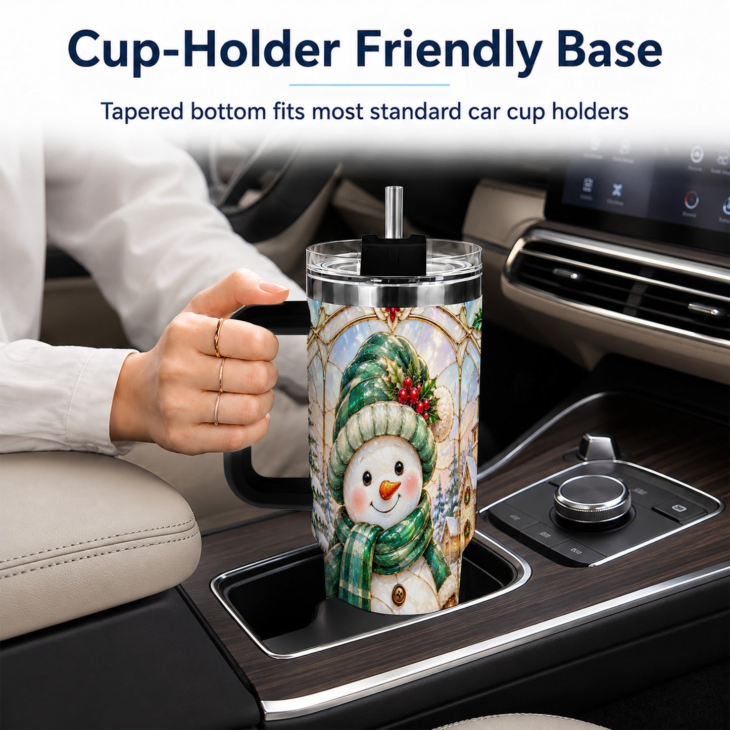 #pl[40oz|Black] Snowman 40oz Tumbler with Handle, Stained Glass Style Stainless Steel Cup