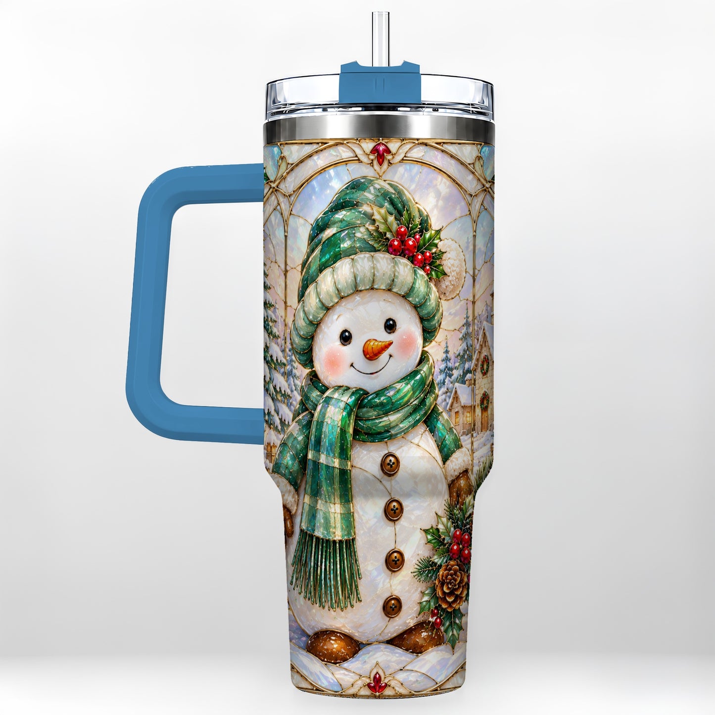 #pl[40oz|Blue] Snowman 40oz Tumbler with Handle, Stained Glass Style Stainless Steel Cup