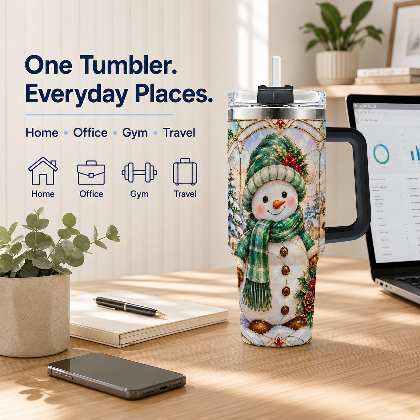#pl[40oz|Black] Snowman 40oz Tumbler with Handle, Stained Glass Style Stainless Steel Cup