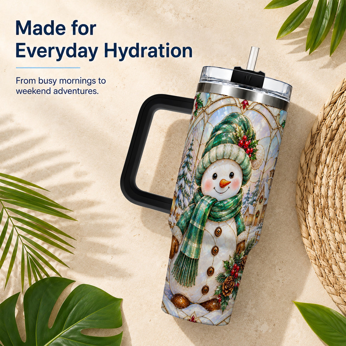 #pl[40oz|Black] Snowman 40oz Tumbler with Handle, Stained Glass Style Stainless Steel Cup