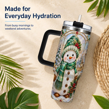 #pl[40oz|Black] Snowman 40oz Tumbler with Handle, Stained Glass Style Stainless Steel Cup