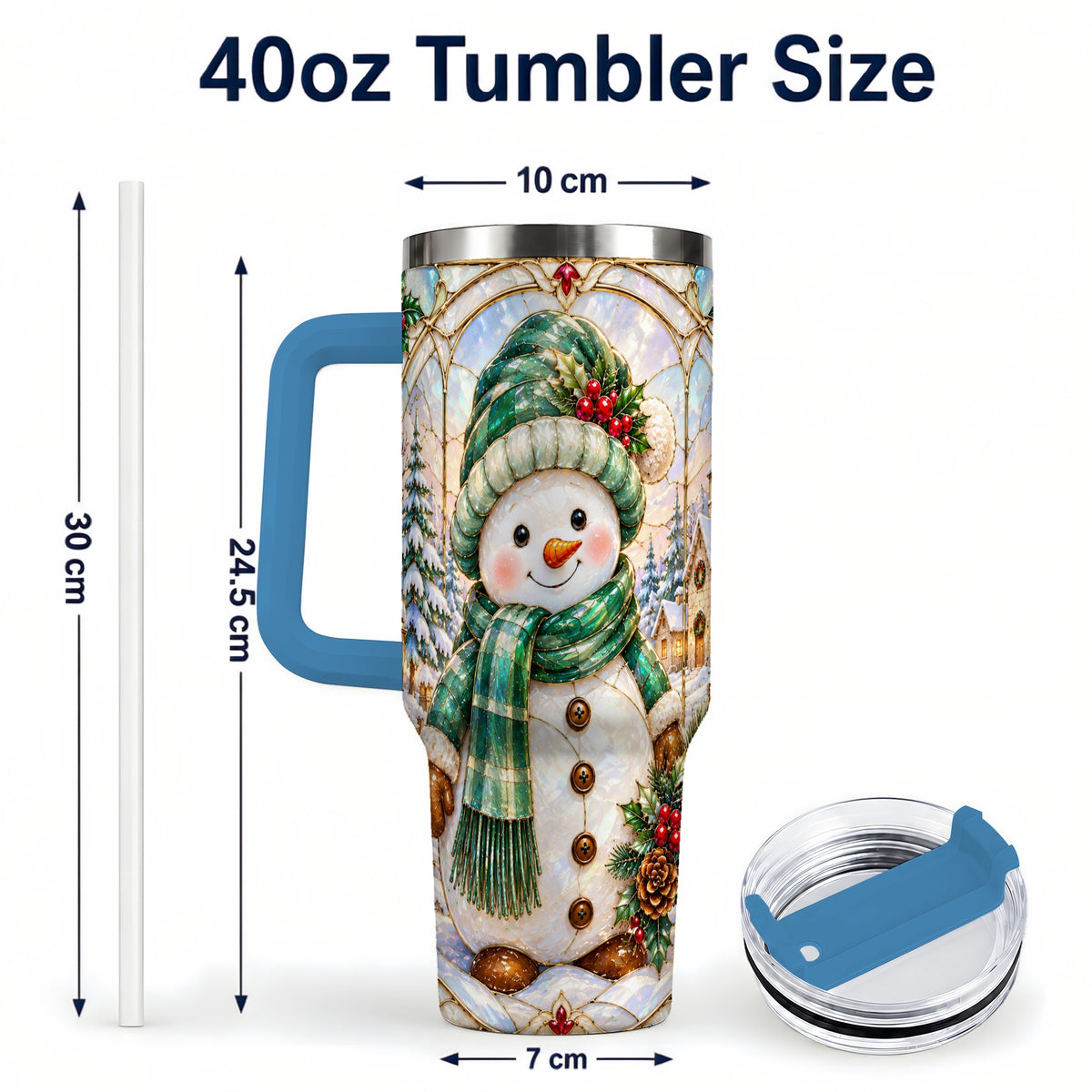 #pl[40oz|Blue] Snowman 40oz Tumbler with Handle, Stained Glass Style Stainless Steel Cup