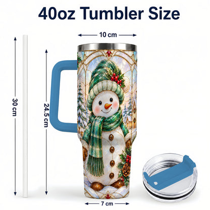 #pl[40oz|Blue] Snowman 40oz Tumbler with Handle, Stained Glass Style Stainless Steel Cup