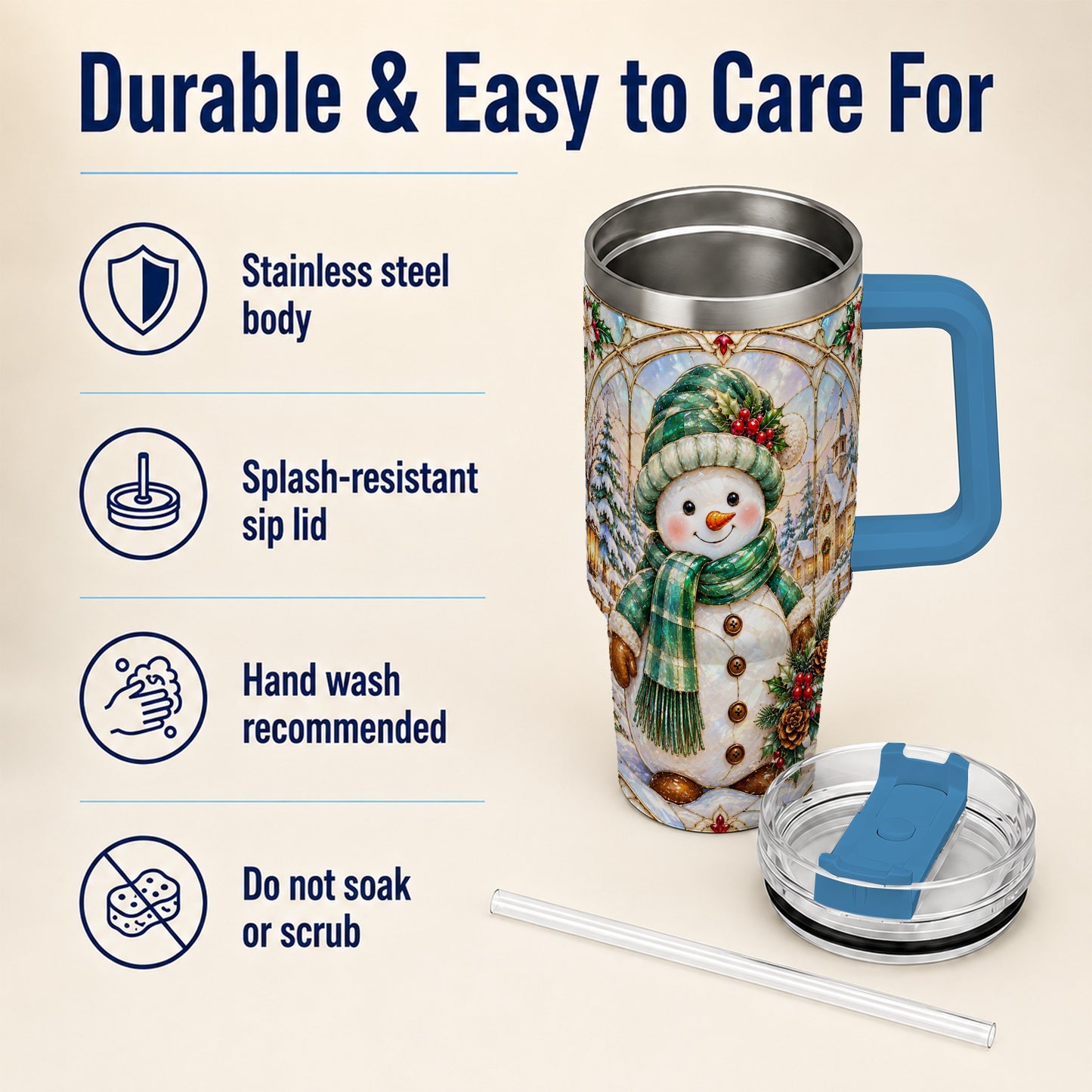 #pl[40oz|Blue] Snowman 40oz Tumbler with Handle, Stained Glass Style Stainless Steel Cup