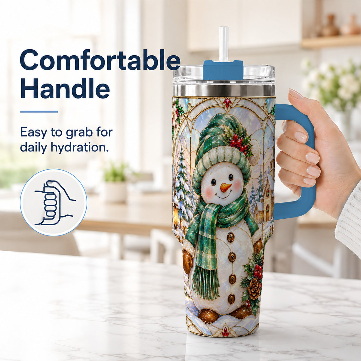 #pl[40oz|Blue] Snowman 40oz Tumbler with Handle, Stained Glass Style Stainless Steel Cup