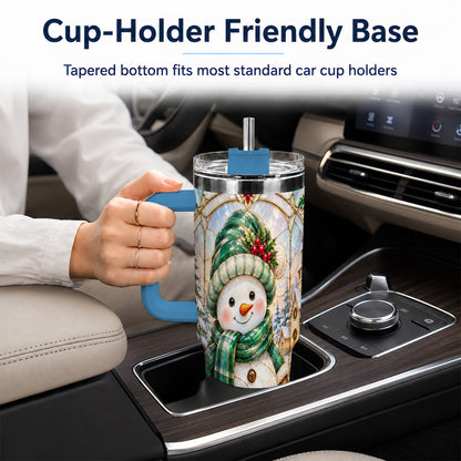 #pl[40oz|Blue] Snowman 40oz Tumbler with Handle, Stained Glass Style Stainless Steel Cup