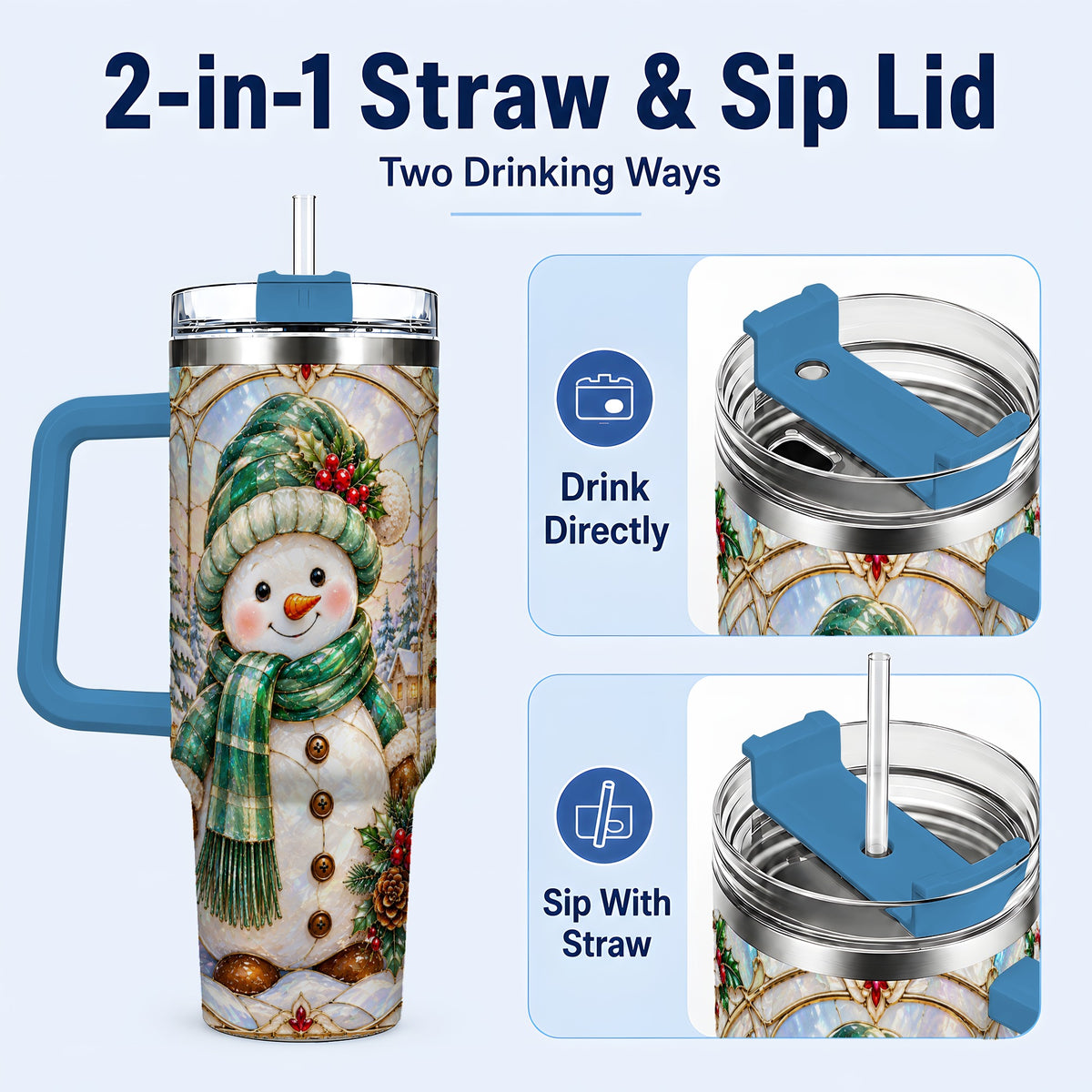 #pl[40oz|Blue] Snowman 40oz Tumbler with Handle, Stained Glass Style Stainless Steel Cup