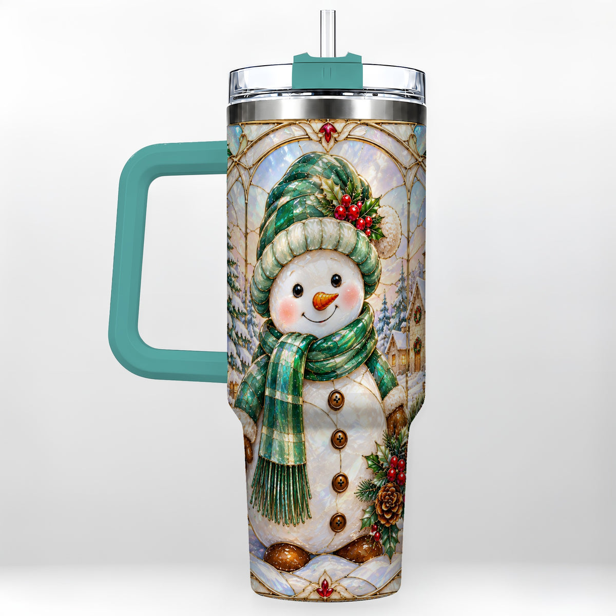 #pl[40oz|Green] Snowman 40oz Tumbler with Handle, Stained Glass Style Stainless Steel Cup