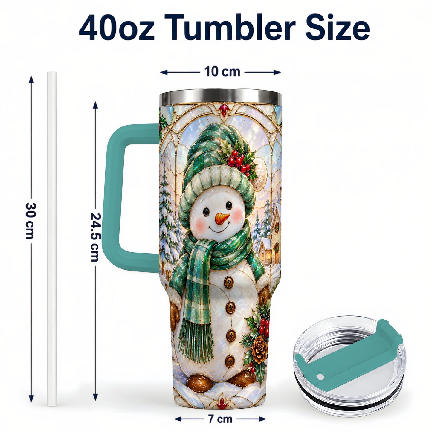 #pl[40oz|Green] Snowman 40oz Tumbler with Handle, Stained Glass Style Stainless Steel Cup