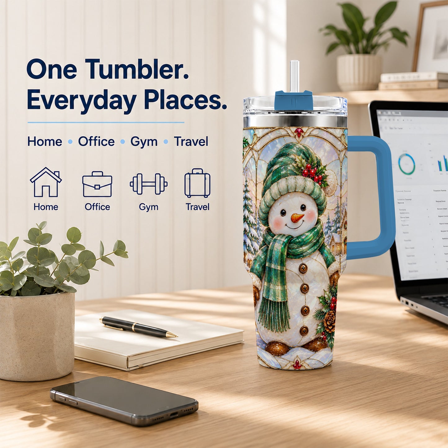 #pl[40oz|Blue] Snowman 40oz Tumbler with Handle, Stained Glass Style Stainless Steel Cup