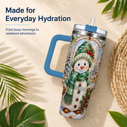 #pl[40oz|Blue] Snowman 40oz Tumbler with Handle, Stained Glass Style Stainless Steel Cup