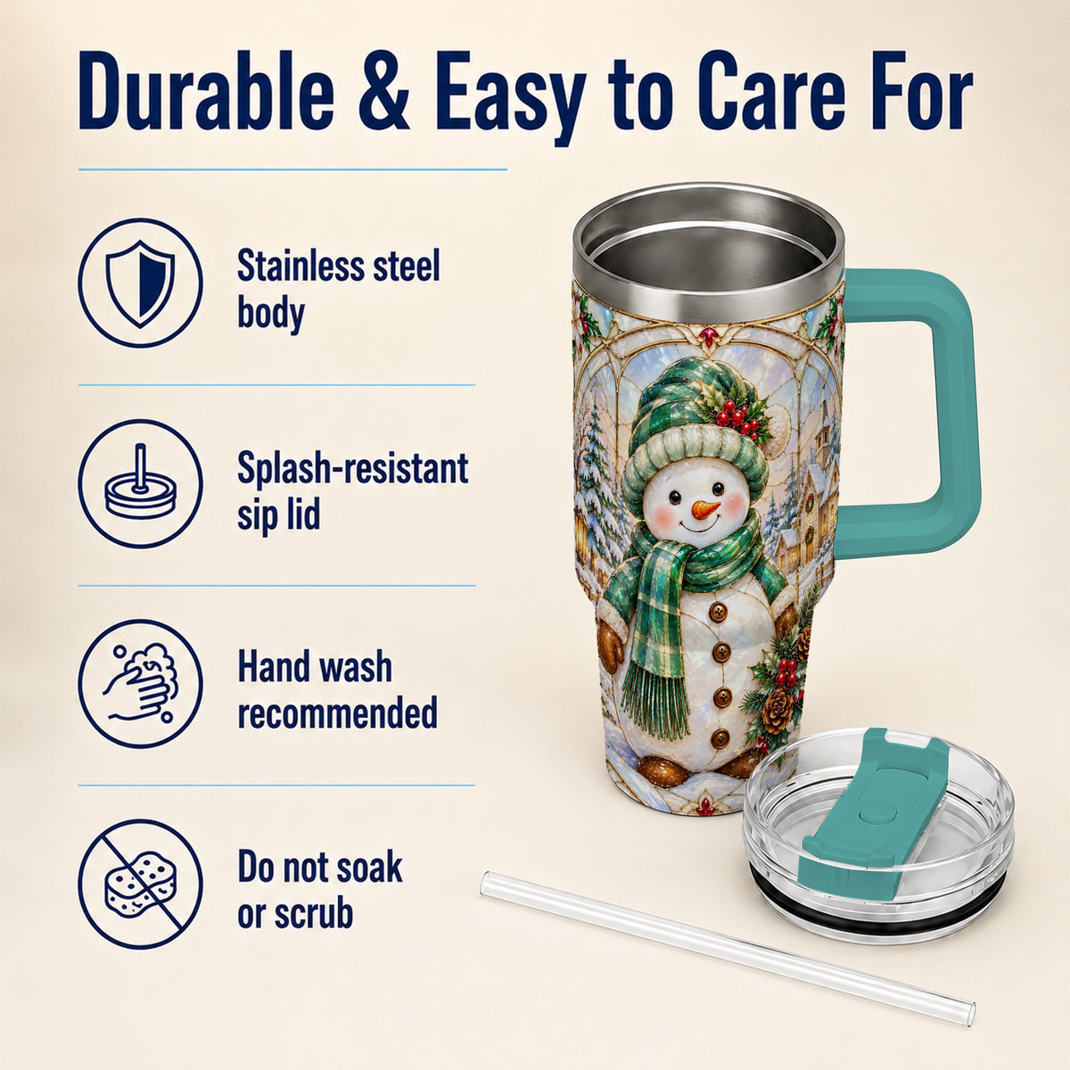 #pl[40oz|Green] Snowman 40oz Tumbler with Handle, Stained Glass Style Stainless Steel Cup