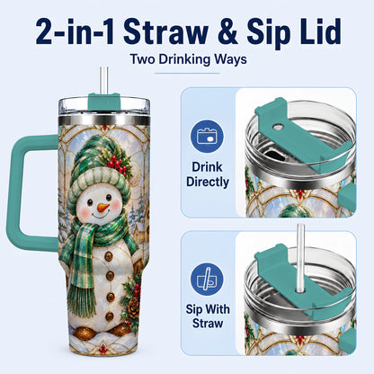 #pl[40oz|Green] Snowman 40oz Tumbler with Handle, Stained Glass Style Stainless Steel Cup