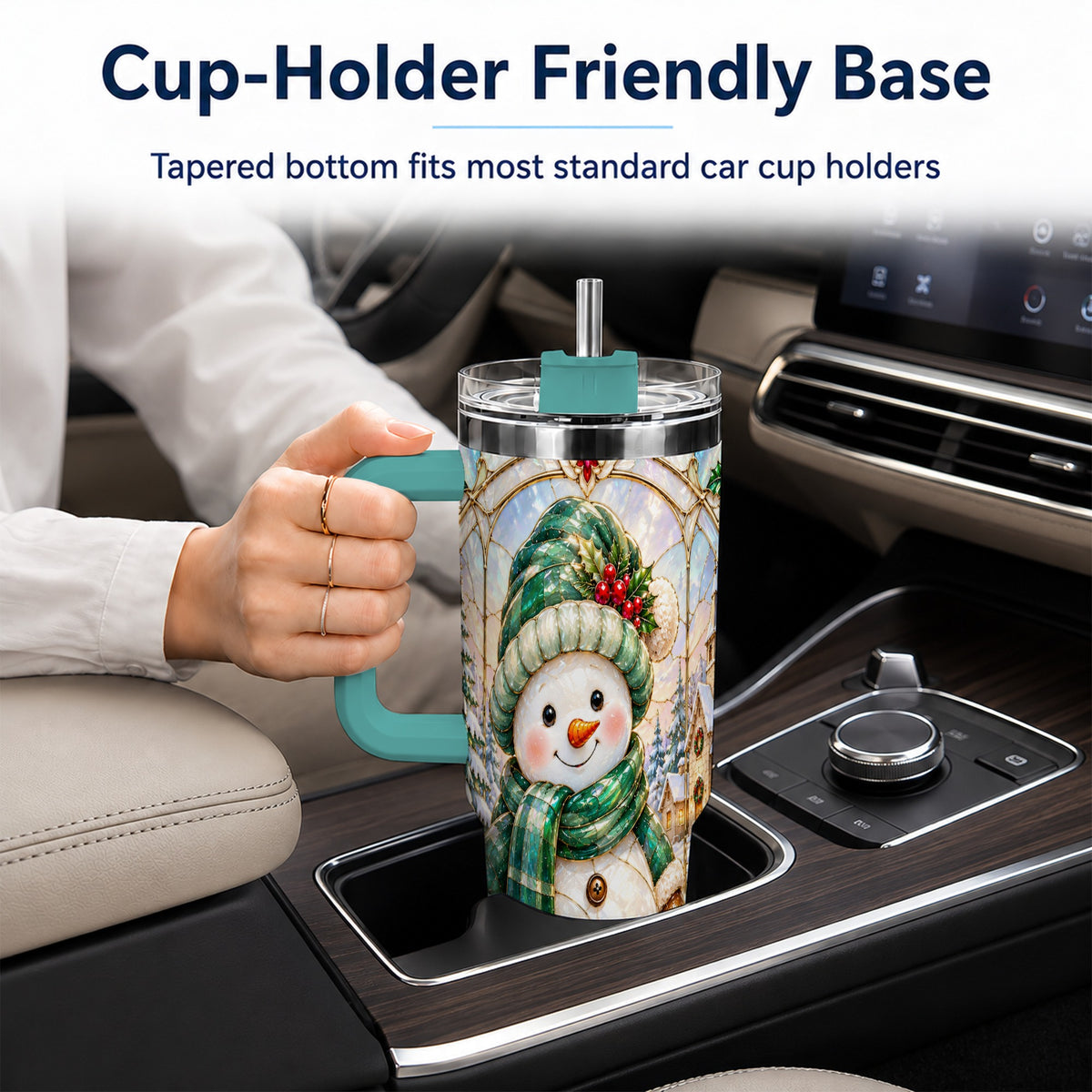 #pl[40oz|Green] Snowman 40oz Tumbler with Handle, Stained Glass Style Stainless Steel Cup