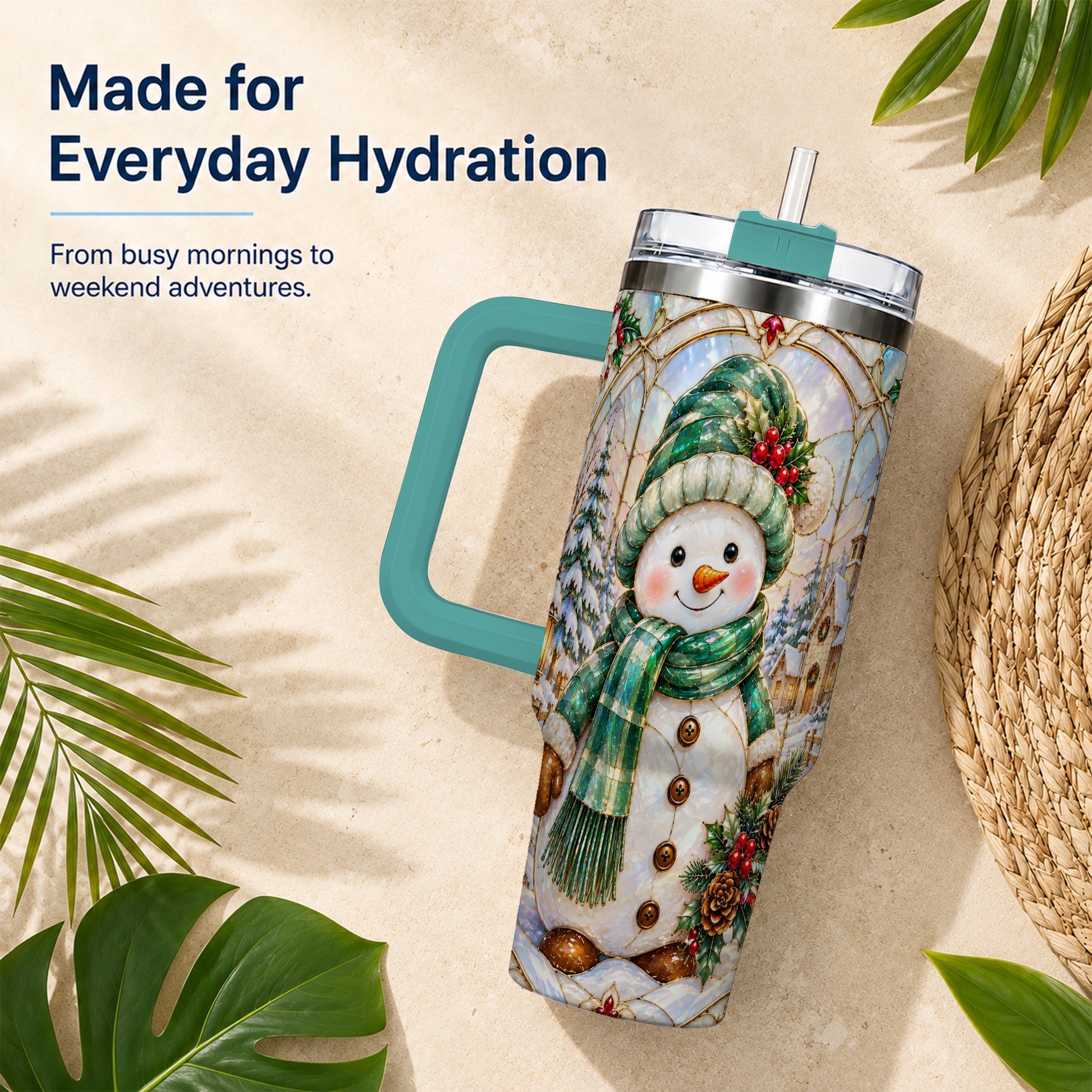 #pl[40oz|Green] Snowman 40oz Tumbler with Handle, Stained Glass Style Stainless Steel Cup
